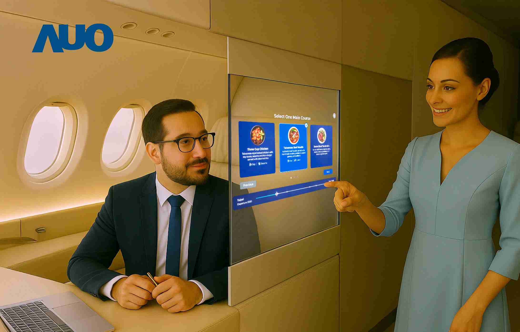 z6mg·人生就是博研发全球最薄17.3 吋双面透明 Micro LED 显示器，，，可在同一屏幕之双边投射不同信息，，创造独特的”透明化”互动；图为实时翻译交流应用情境